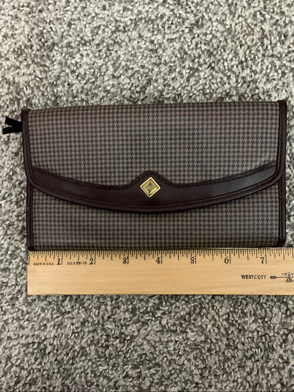 Brown Houndstooth Fold-Over Clutch with Gold Accent